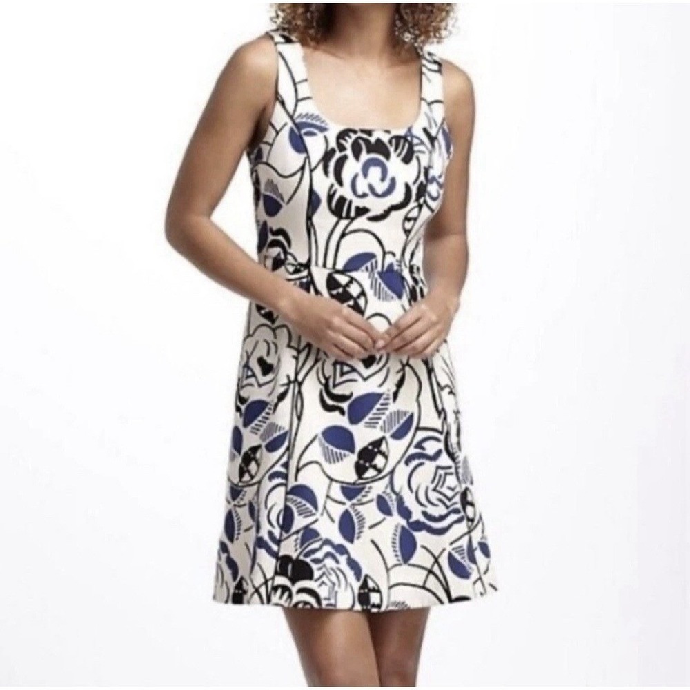 Vanessa Virginia Anthropologie Ink-Set Blooms Floral Sleeveless Blue/Cream Sz 2‎
